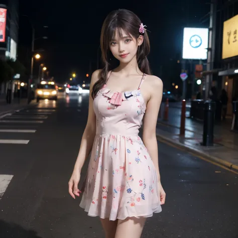Realistic pictures of cute women, uneven twin tails, Glowing ring hair clip,light makeup, medium chest size, smile a little, (Pink dress)、(Floral dress)、(full body shot), Clear facial features with sharp and realistic details, Sony FE, 35mm, cinematic ligh...