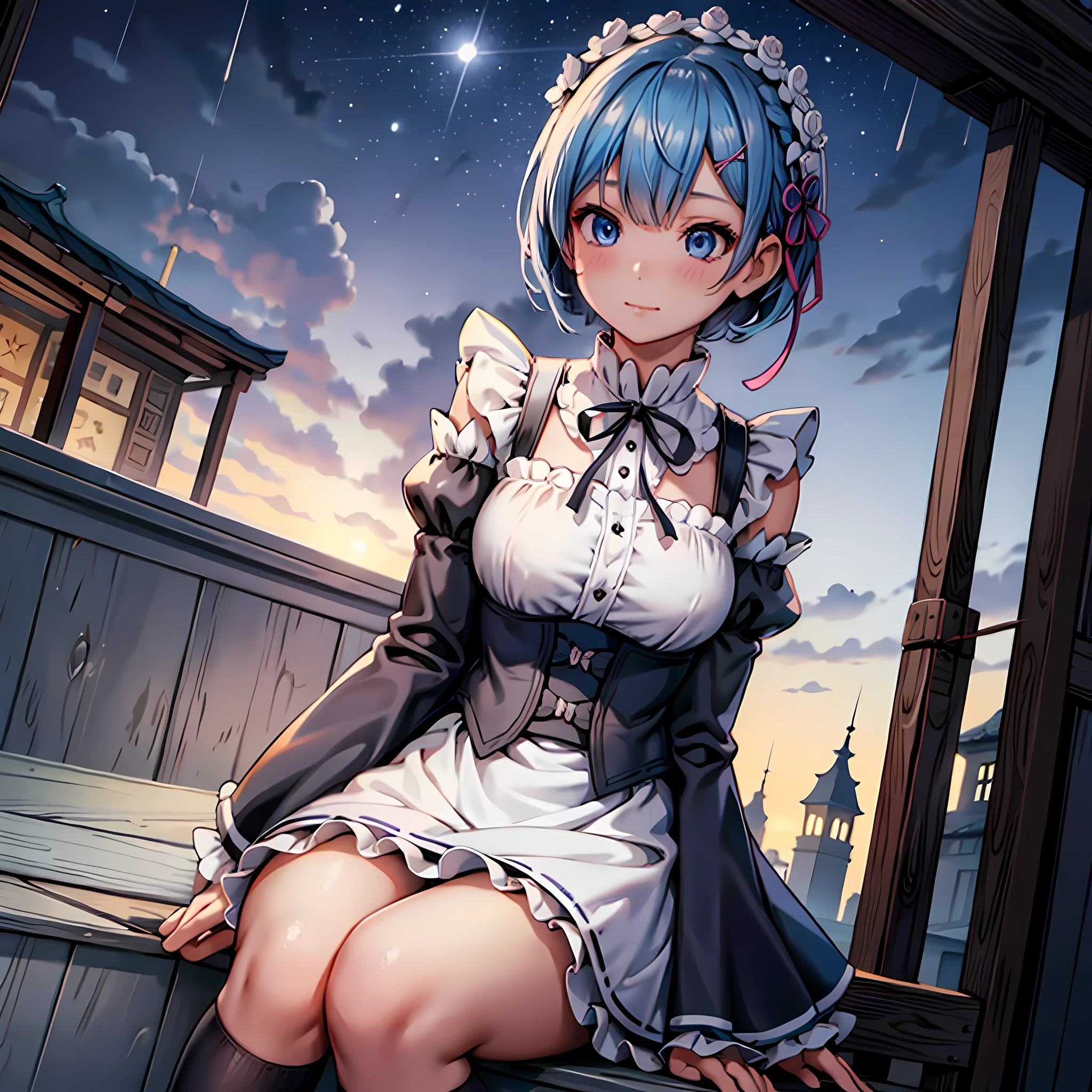 (masterpiece),(intricate details),1girl,mature female,huge breasts
BREAK
rezerorem, rem, blue eyes, blue hair, hair ornament, hair over one eye, hair ribbon, short hair, x hair ornament, BREAK apron, black ribbon, black skirt, black sleeves, detached collar, detached sleeves, flower, frilled apron, frilled skirt, frills, head wreath, long sleeves, maid, miniskirt, neck ribbon, purple ribbon, ribbon, ribbon trim, ribbon-trimmed sleeves, roswaal mansion maid uniform, short hair, skirt, thighhighs, waist apron, white apron, white thighhighs,
depth of field,looking at viewer,((sit on the , Art_museum,)),((upper body)),polka dot panties,smirk
BREAK
moon,night,bus stop,((cumulonimbus)),from below:1.3,