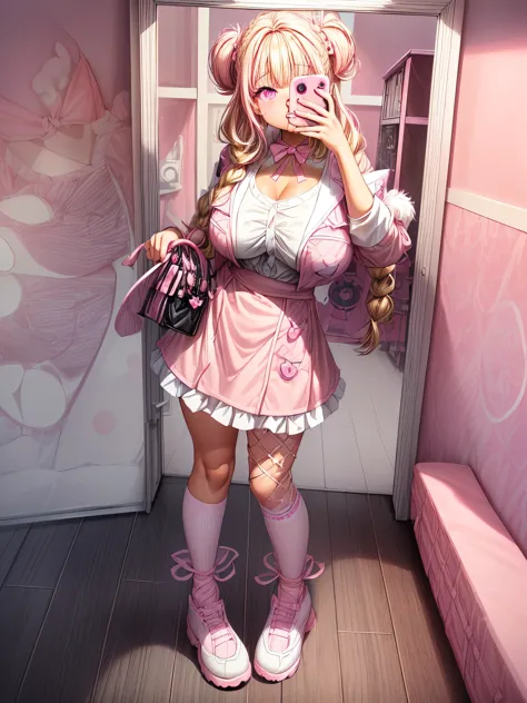there is a woman taking a picture of herself in a mirror, female mini cute style, full body!!, , pink girl, pink and black, y2k style, y 2 k style, kawaii style, black white pink, outfit photo, wearing skirt and high socks, 1girl, solo, (gyaru, blonde hair...