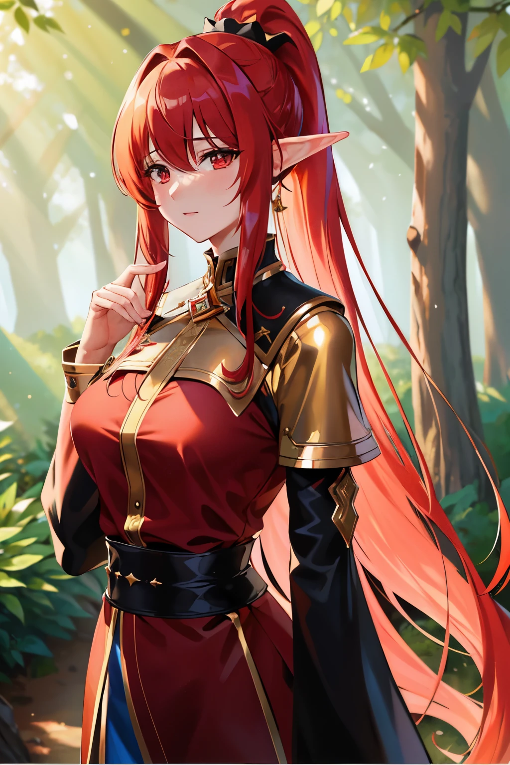 (masterpiece), (best quality), (ultra detailed),(disheveled hair),(illustration), (1girl), (Fashionable clothing), holy, red-haired, elf, adult, long hair, holy clothes, dark-gold clothes, introvert, shy, ponytail hair, sexy without being flashy, woman, blue and red eye, in the forest, best healer