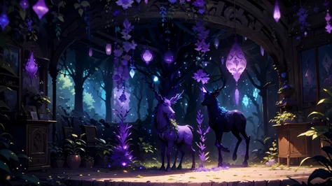 Uma floresta de outro planeta, fictional, purple and cyan trees, animais extraterrestres, mundo de fantasia, with mythical beings and animals, ultra detalhado, imagem perfeita, hd, 16k uhd, 18k 