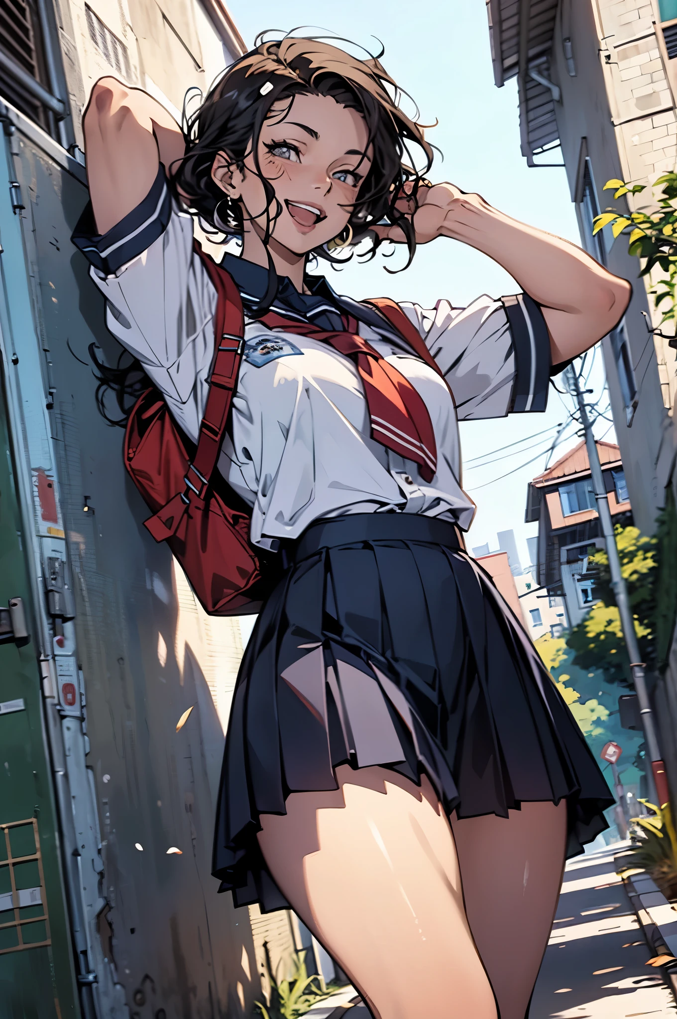 (masterpiece,best quality),(highres,detailed),(wallpaper),
cute,anime,animated,photorealistic,

solo:1.2,woman,
(school uniform:1.5),(baggy  shirt),
(unkept hair,voluminous hair),
(beautiful thigh:1.0),

open mouth,laugh,smiling,

(narrow waist,wide hip,athletic body,inflated legs,detailed body,(detailed face)),