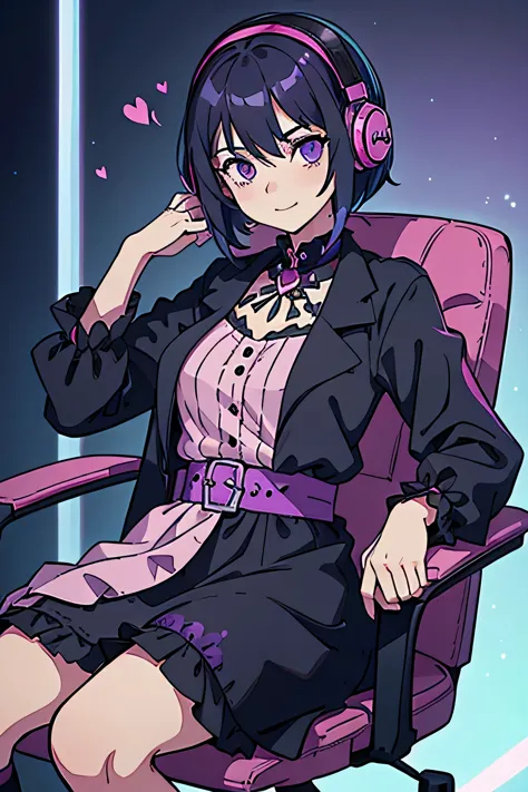 woman sitting on a gaming chair wearing a pink dress, using headphones, playing in PC ,wearing a gothic dress, black and pink dr...