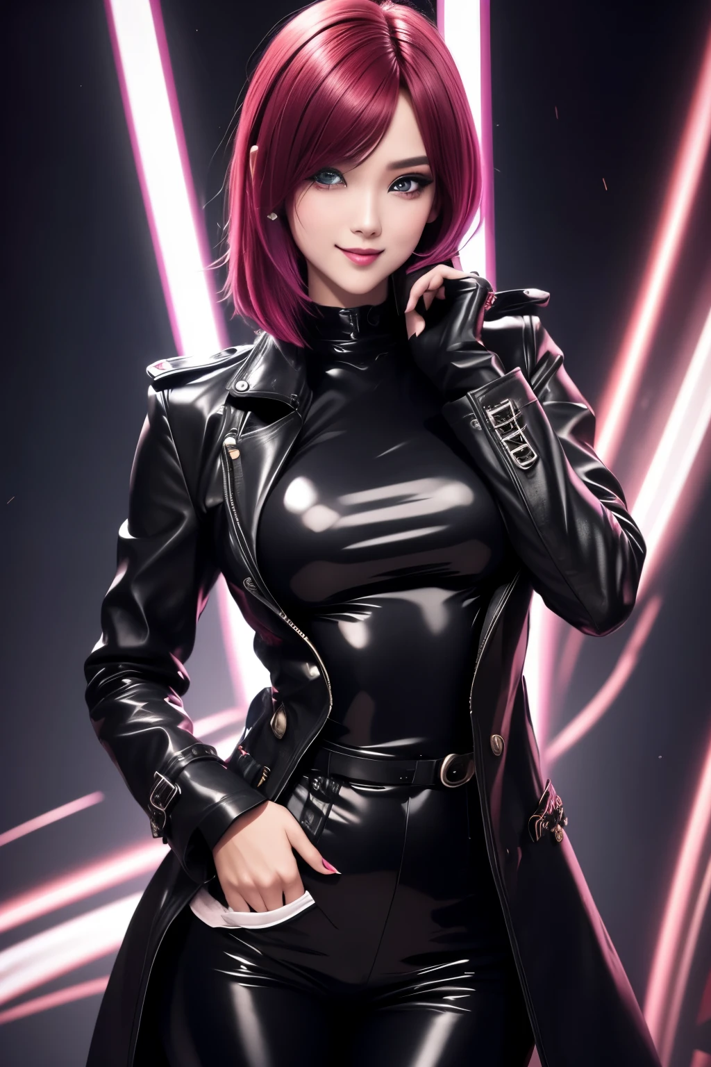 best quality, 32k, RAW photo, incredibly absurdres, extremely detailed, cool beauty, wearing black leather long coat, black leather pants, black leather engineer boots, glossy pink hair, amorous expression, lewd expression, slender, great proportion, professional lighting