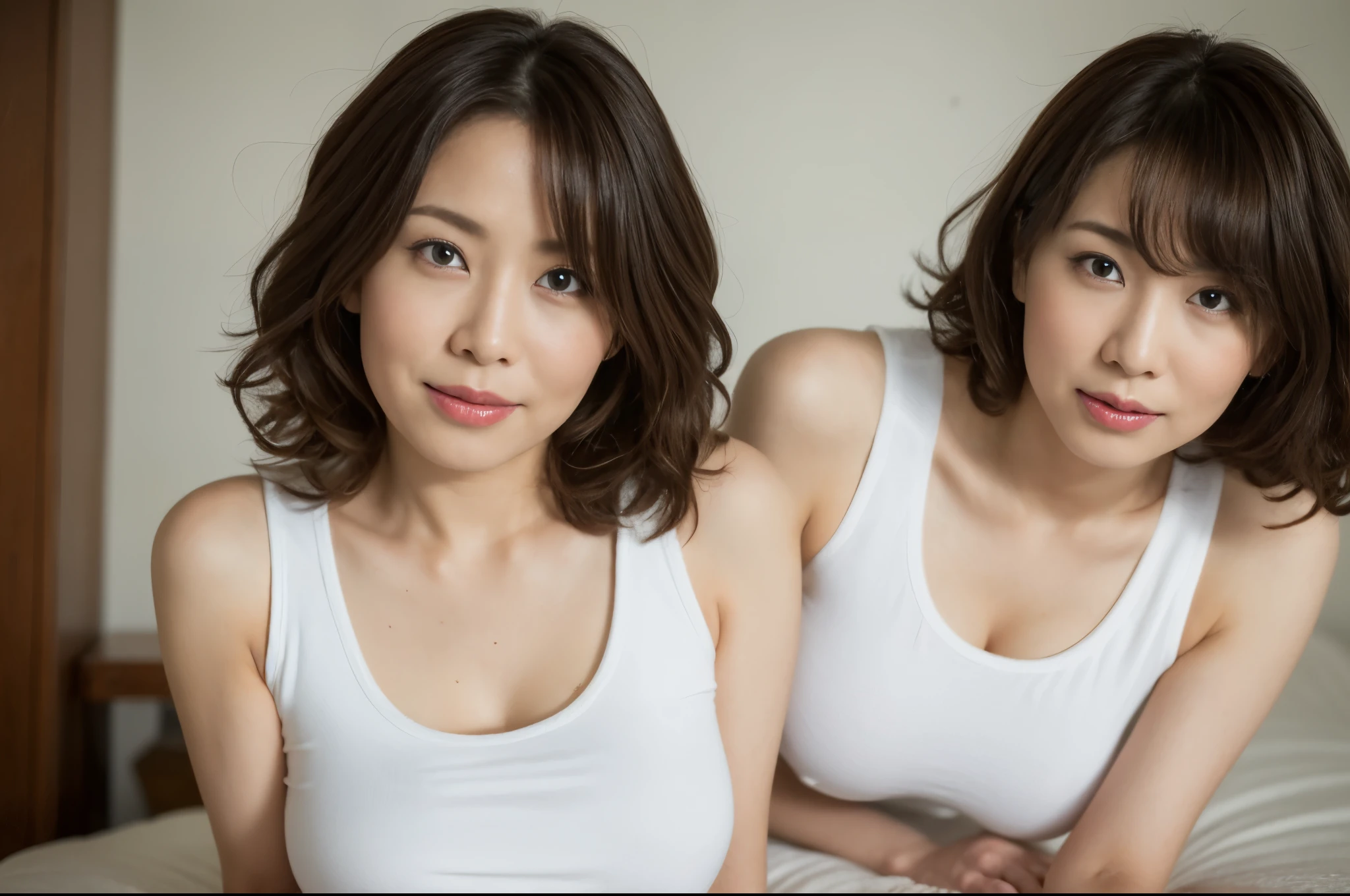 There are two asian women sitting on a bed together - SeaArt AI