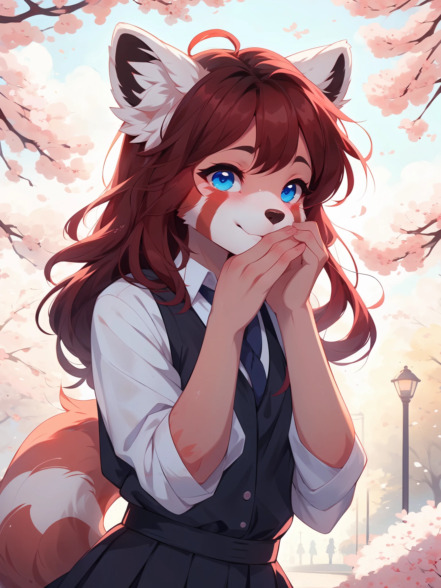 By fumiko, by hyattlen, by hioshiru, a cute red panda girl, red hair, blue eyes, , in a park, cherry blossom park, bashful pose, hands on her face, close up, a girl in the background 