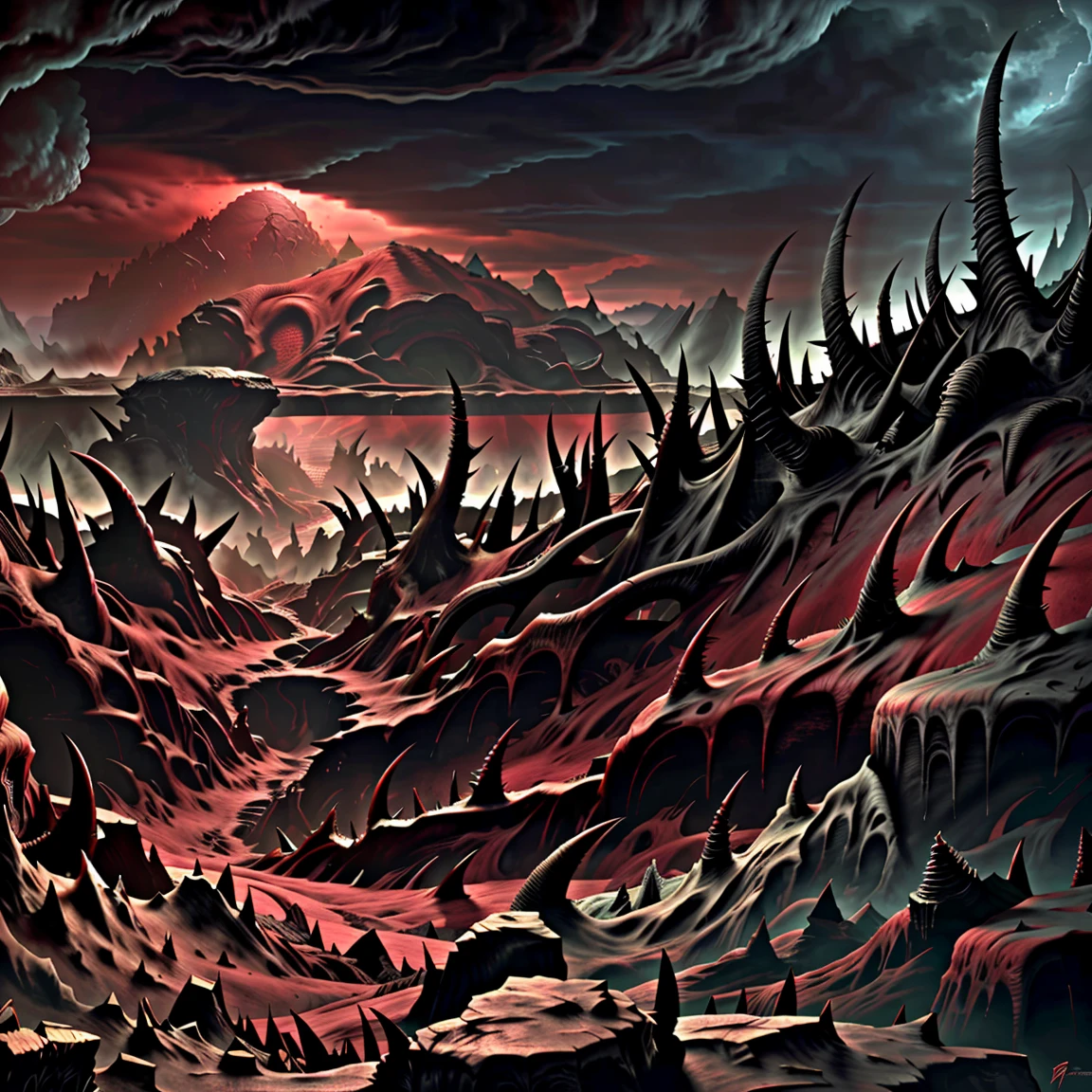 Panoramic view of 7 hell of Dante. Masterpiece illustration, conceptual art, 3d render, blood red sky, landscape of tombs and creepy sculptures, thorns, Spiked walls. Devil sculptures by giger, landscape of horror, digital painting, color drawing. Art by Dan Seagrave.