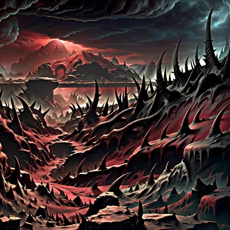 Panoramic view of 7 hell of Dante. Masterpiece illustration, conceptual art, 3d render, blood red sky, landscape of tombs and cr...