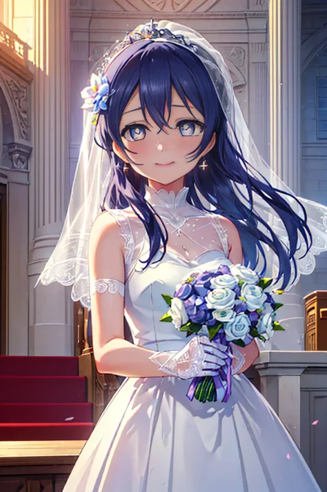 (((pixel perfect, detail perfect))), alone, 1 girl, umi sonoda, , looking at the viewer, smile,wedding dress,veil,bouquet,church...