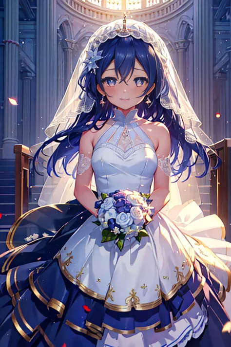 (((pixel perfect, detail perfect))), alone, 1 girl, umi sonoda, , looking at the viewer, smile,wedding dress,veil,bouquet,church...