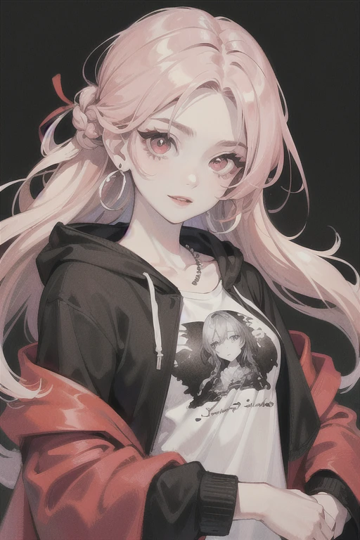 masterpiece, ultra detailed, beautiful, exquisite, female, glad, happy, hopeful, proud, intelligent, smiling, neutral, serious look, looking at viewer, looking ahead, front view, long hair, braids, french braids, wave hair, center part, long hair, braid, half updo, wavy hair, black hair, blonde, pink hair, red hair, colored inner hair, pink eyes, red eyes, eyes open, big eyes, wide-eyed, pale skin, fair skin, shiny skin, detailed skin, detailed face, pale skin, slim, slender, curvy, hair ribbon, piercing, earrings, necklace, 20-year-old, young adult, adult, white background, gray background, flat background, cute, beautiful, dark fantasy, light atmosphere, anime, main artwork, concept art, soft-edged, closeup shot, headshot, macro shot, from front, front view, highly saturated colors, t-shirt, long-sleeved t-shirt, long sleeves, sweater, hoodie, cardigan