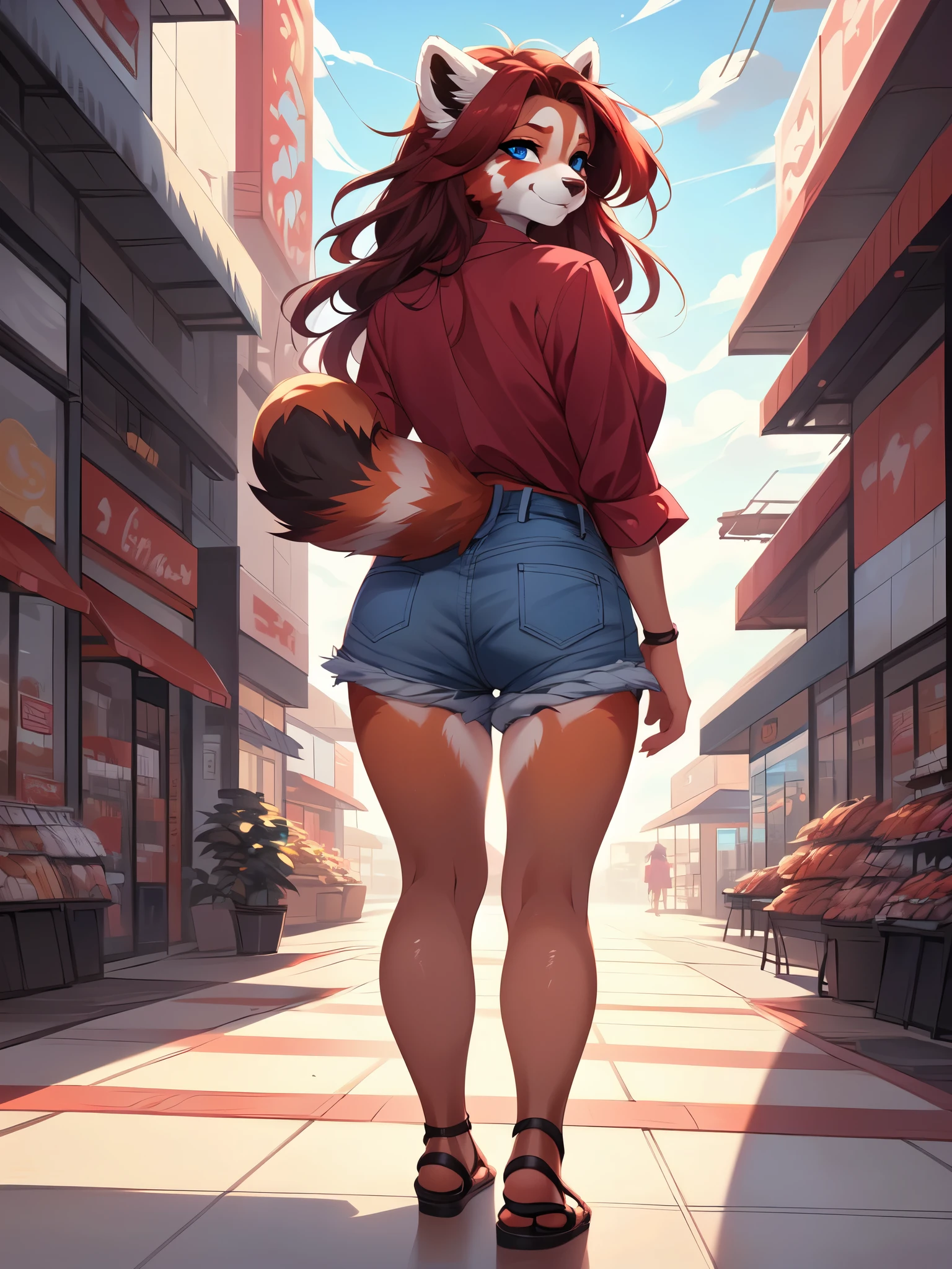 By fumiko, by hyattlen, by hioshiru, a cute red panda girl, red panda face markings, red panda tail, long red hair, blue eyes, ((wearing red blouse, jean short shorts, black sandals, from behind, walking down a strip mall, looking back at viewer, pov