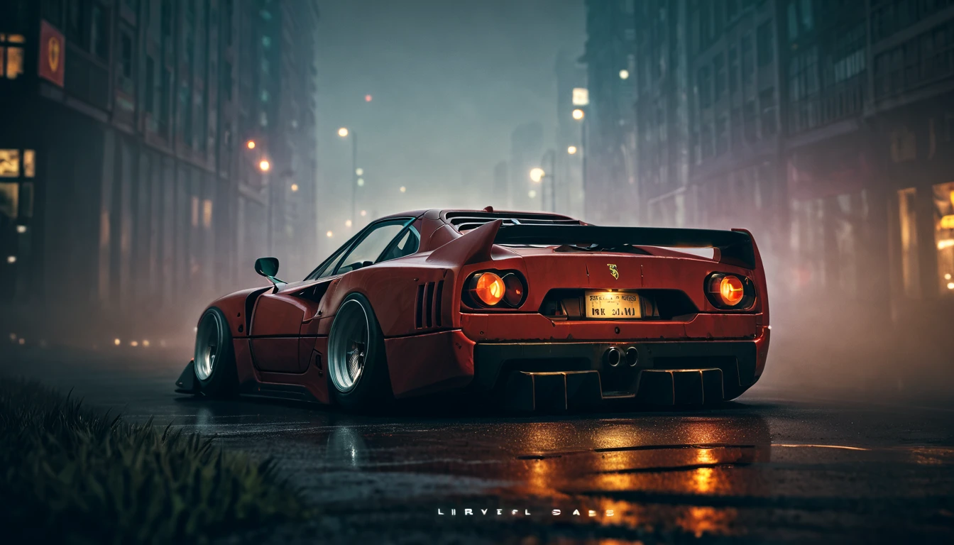 (intrincated details:1.2), (photorealistic), (masterpiece), (photography), cinematic lighting, cyberpunk city, fog, ferrari f40, ground vehicle, motor vehicle, no humans, scenery, solo, vehicle focus, night time, front quarter, liberty walk wide body, widebody