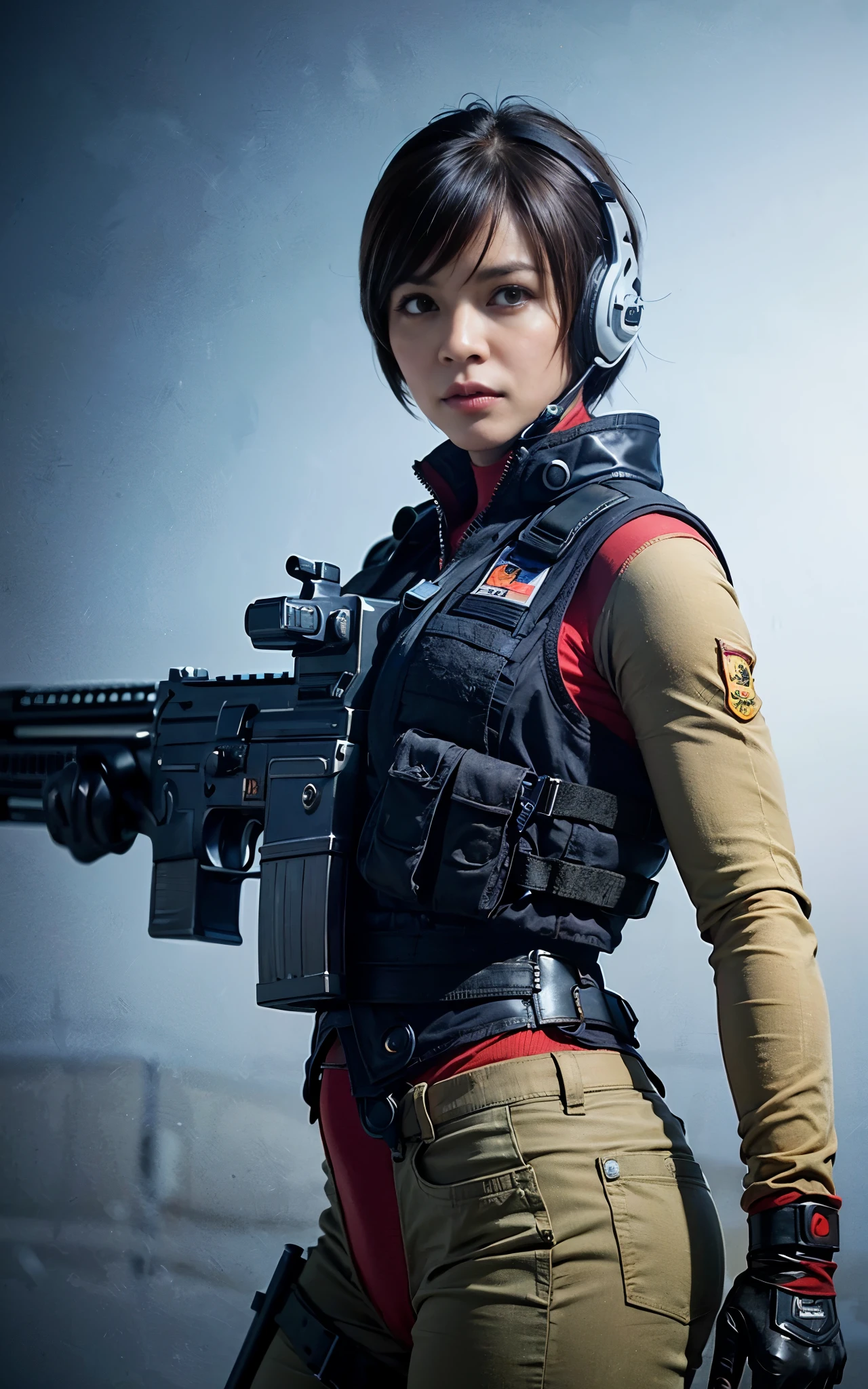 ((Best Quality, 8K, Masterpiece: 1.3)), ((best quality)), photorealistic, photorealism, Photorealistic, high resolution, 1girl aiming with an  assault rifle, Combat pose, looking at the camera, (Detailed face), short hair, (wearing red rubber suit, tactical vests, military harness, black gloves, high-tech headset), cloths color based on black dark blue), revealed thigh, Gun, Fingers are occluded, concrete wall background,