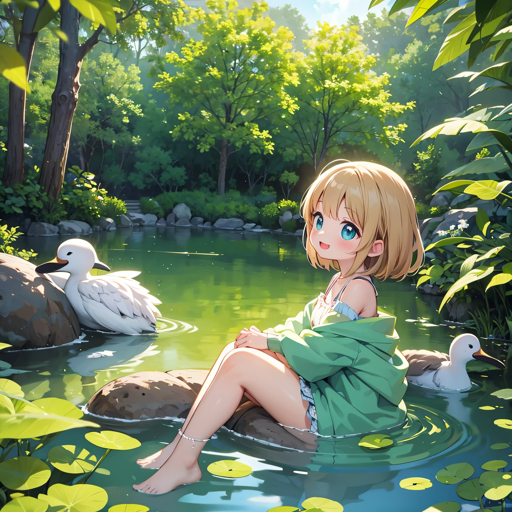 Morning park、A girl watching over a family of spot-billed ducks swimming in a pond、smile、sunlight filtering through the foliage、synchrotron radiation、Taken from the side