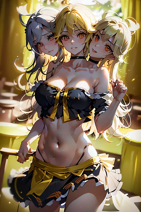 (masterpiece, best quality), best quality, (ultra-detailed), (3heads:1.5), 1girl, (kirasame marisa:1.3), masterpiece, best quality, black top, crop top, ((stomach)), midriff, ((groin)), black skirt, normal ears, shackles, blonde hair, very long hair, wavy ...
