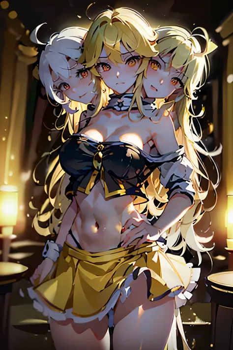 (masterpiece, best quality), best quality, (ultra-detailed), (3heads:1.5), 1girl, (kirasame marisa:1.3), masterpiece, best quality, black top, crop top, ((stomach)), midriff, ((groin)), black skirt, normal ears, shackles, blonde hair, very long hair, wavy ...