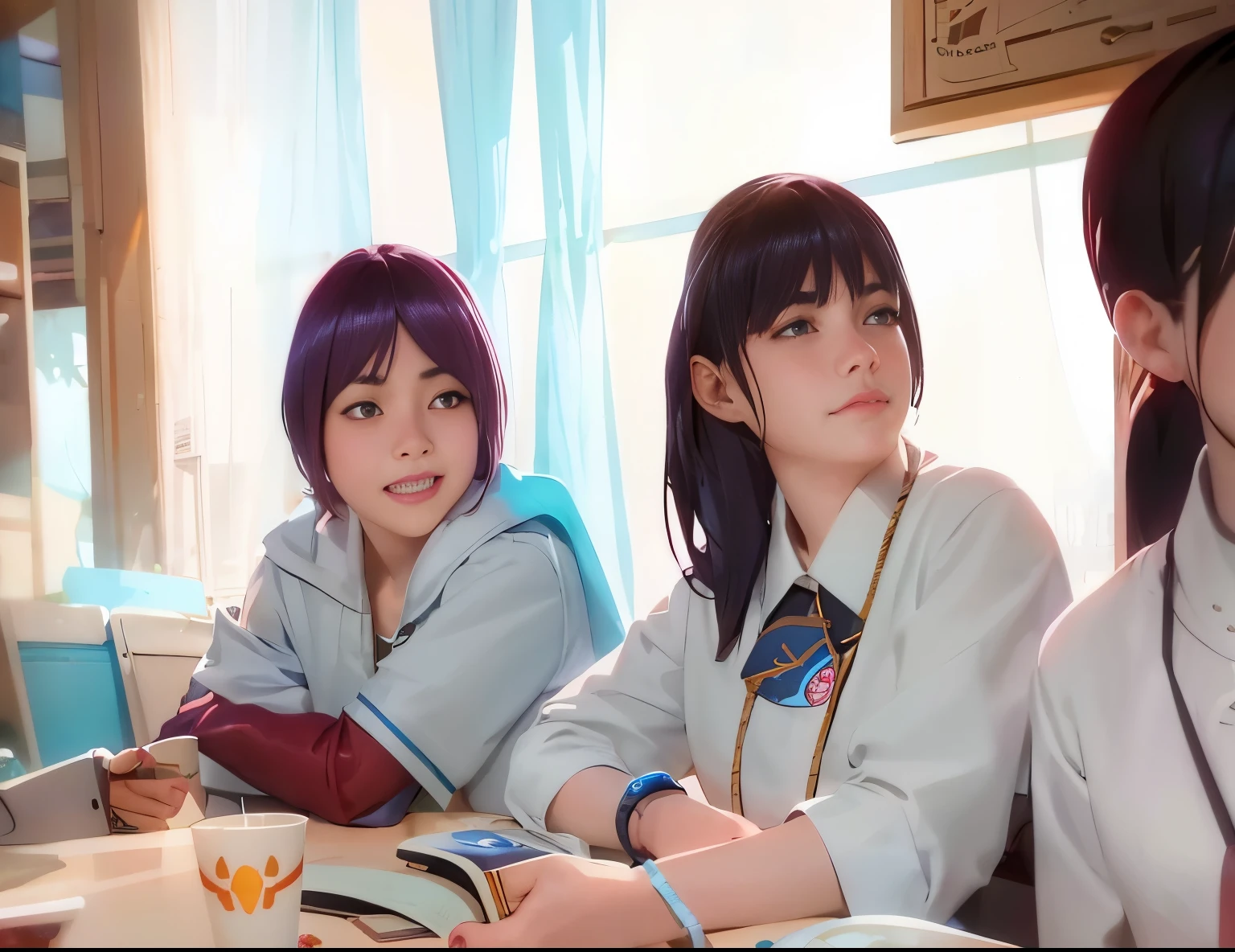 three girls sitting at a table with a book and a cup of coffee, artwork in the style of guweiz, nixeu and sakimichan, artgerm and atey ghailan, wlop and sakimichan, ilya kuvshinov and artgerm, guweiz, ross tran and ilya kuvshinov