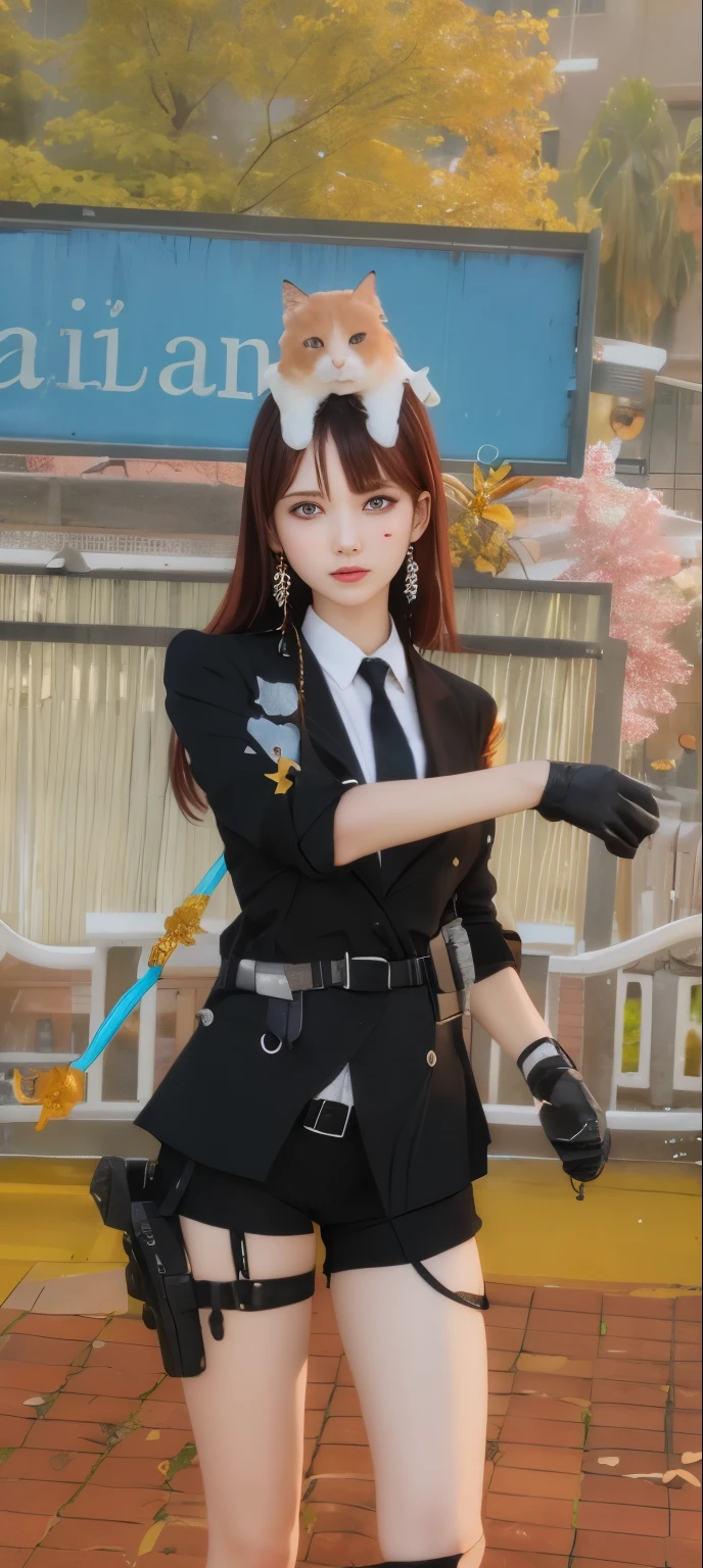 Anime cosplay of a woman in a black suit and a cat - SeaArt AI