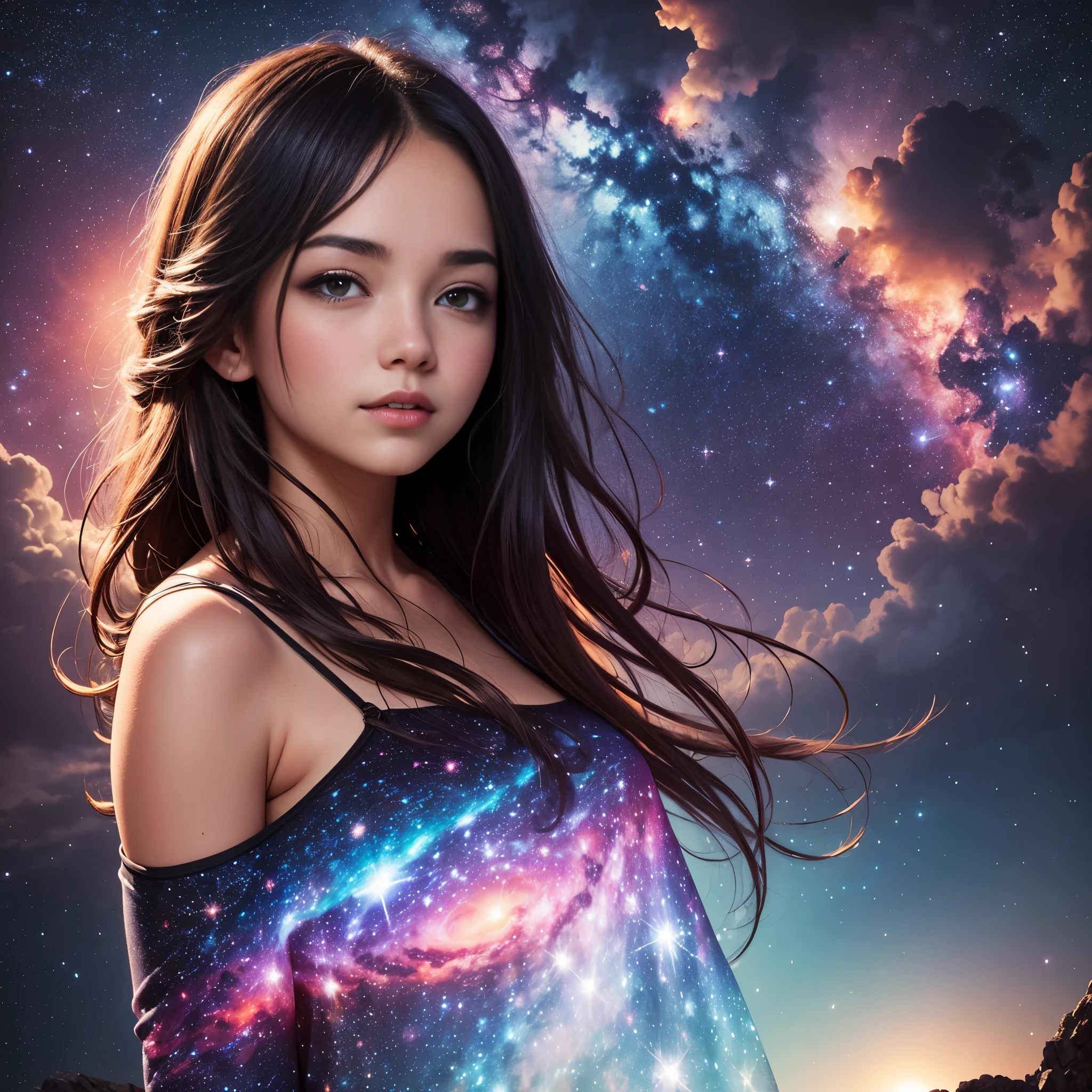 High detail, super detail, super high resolution, girl enjoying her time in the dream galaxy, surrounded by stars, warm light sprinkled on her, background is starry sky with colorful galaxies and galaxy clouds, stars flying around her, delicate face, adding playful atmosphere , 