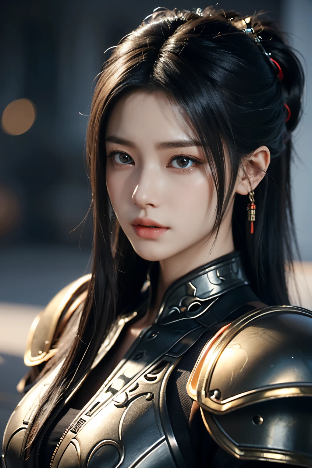 Game art，The best picture quality，Highest resolution，8K，((A bust photograph))，((Portrait))，((Head close-up))，(Rule of thirds)，Unreal Engine 5 rendering works， (The Girl of the Future)，(Female Warrior)， 22岁少女，(Female hackers)，(Rainbow hair，Ancient Oriental hairstyle)，((The pupils of the red eyes:1.3))，(A beautiful eye full of detail)，(Big breasts)，(Eye shadow)，优雅迷人，冷漠，((Anger))，(Cyberpunk jacket full of futuristic look，Joint Armor，There are exquisite Chinese patterns on the clothes，A flash of jewellery)，赛博朋克人物，未来风格， 拍照姿势，城市背景，Movie lights，Ray tracing，Game CG，((3D Unreal Engine))，oc渲染反射纹