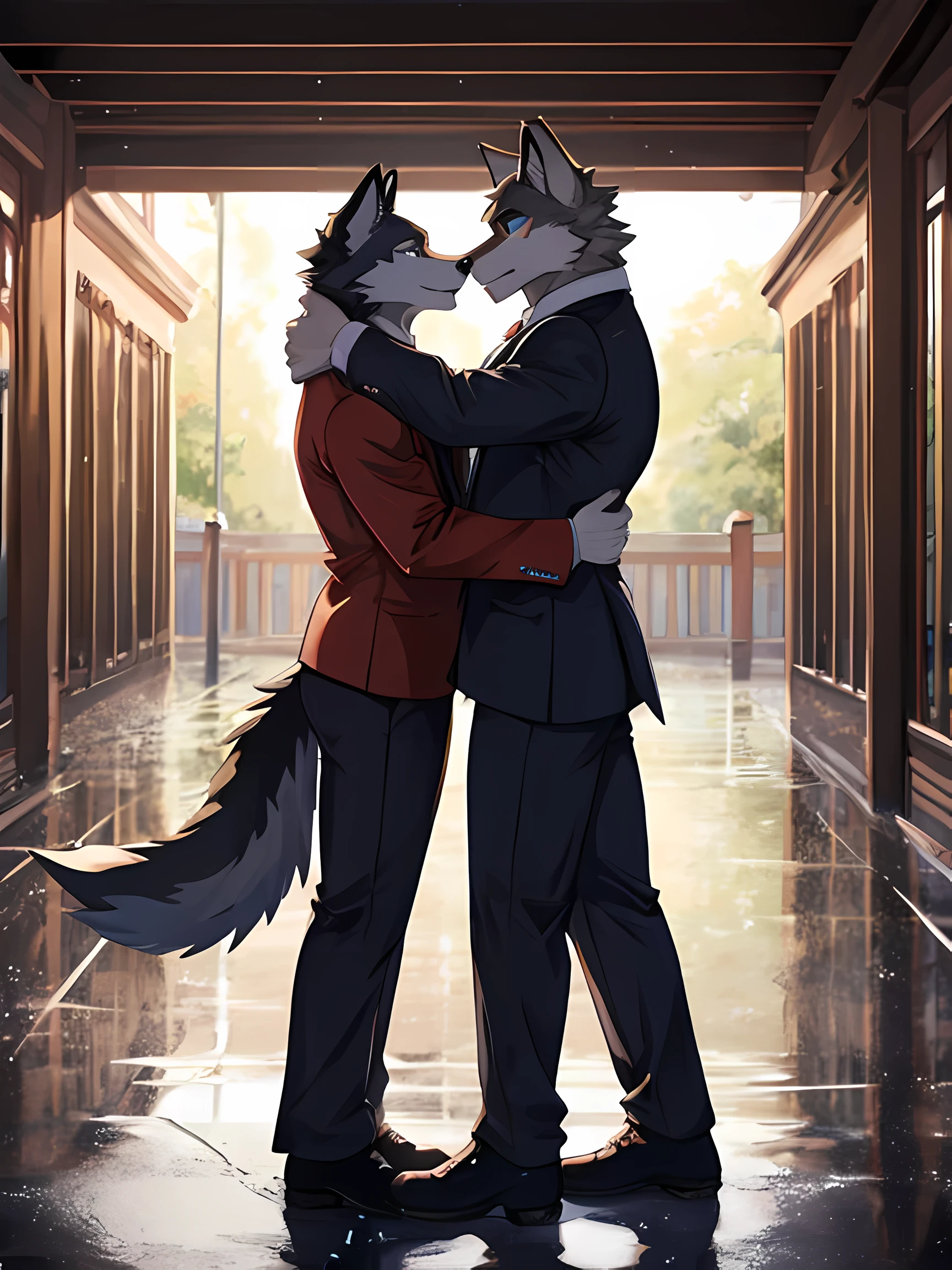 Anime couple hugging in a hallway with a dog in a suit - SeaArt AI