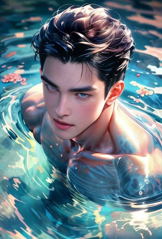 High quality, masterpiece, highly detailed, 8k, perfect face, perfect body, realistic, photo realistic, man, Asian, black hair, short hair, handsome, detailed eyes, beautiful detailed nose, realistic body, realistic light, comfortable expressions, cute guy, sweat guy, cool guy, abs sixpack, model style, full body, clean skin, water element, water, water bender