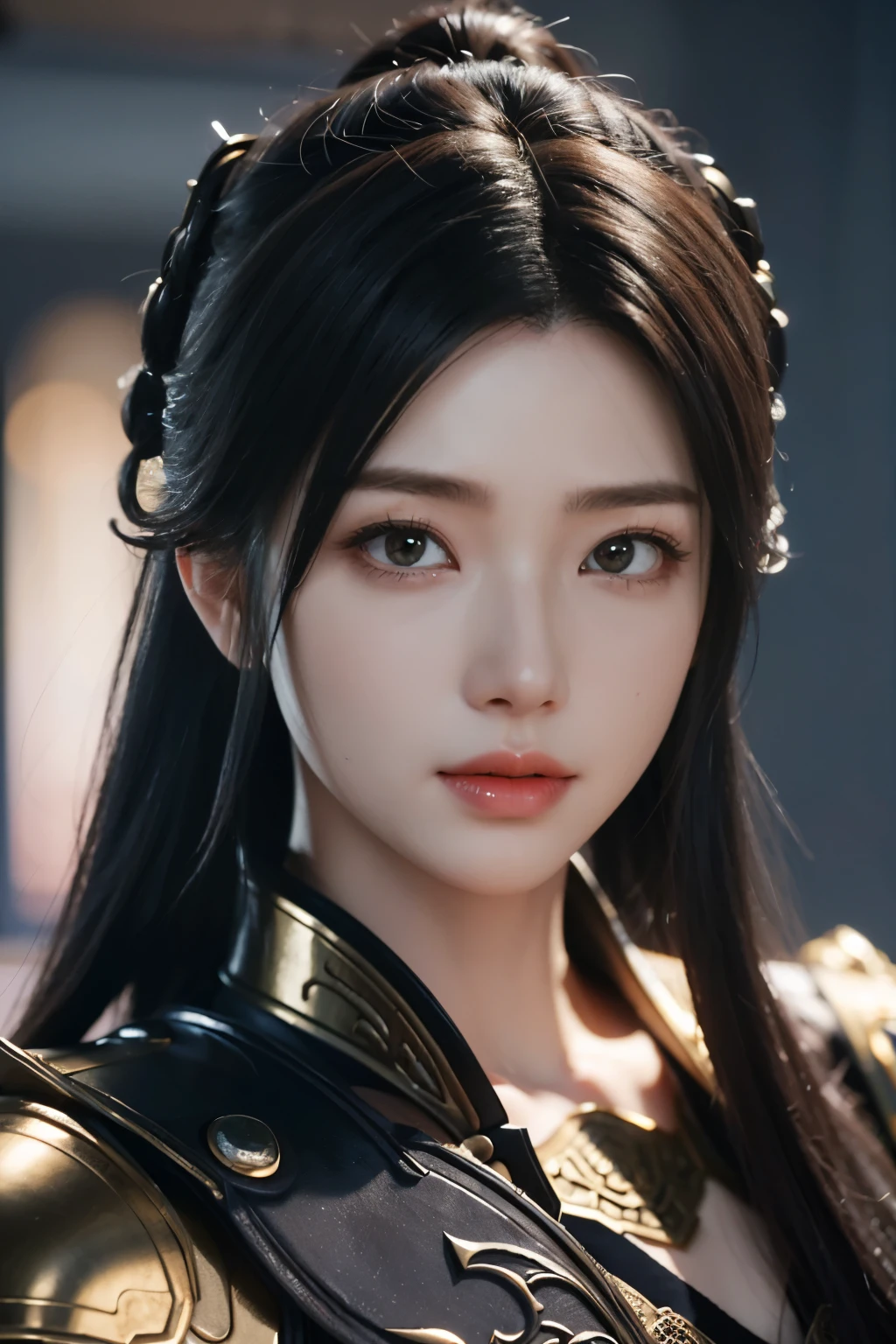 Game art，The best picture quality，Highest resolution，8K，((A bust photograph))，((Portrait))，((Head close-up))，(Rule of thirds)，Unreal Engine 5 rendering works， (The Girl of the Future)，(Female Warrior)， 22岁少女，(Female hackers)，(Rainbow hair，Ancient Oriental hairstyle)，((The pupils of the red eyes:1.3))，(A beautiful eye full of detail)，(Big breasts)，(Eye shadow)，优雅迷人，冷漠，((Anger))，(General armor in ancient Chinese style，Joint Armor，There are exquisite Chinese patterns on the clothes，A flash of jewellery)，人物，奇幻风格， 拍照姿势，城市背景，Movie lights，Ray tracing，Game CG，((3D Unreal Engine))，oc渲染反射纹