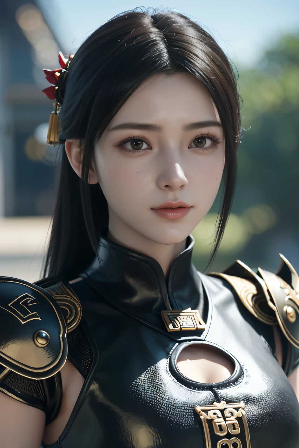 Game art，The best picture quality，Highest resolution，8K，((A bust photograph))，((Portrait))，((Head close-up))，(Rule of thirds)，Unreal Engine 5 rendering works， (The Girl of the Future)，(Female Warrior)， 22-year-old girl，(Female hackers)，(Rainbow hair，Ancient Oriental hairstyle)，((The pupils of the red eyes:1.3))，(A beautiful eye full of detail)，(Big breasts)，(Eye shadow)，Elegant and charming，indifferent，((Anger))，(General armor in ancient Chinese style，Joint Armor，There are exquisite Chinese patterns on the clothes，A flash of jewellery)，figure，Fantasy style， Photo poses，City background，Movie lights，Ray tracing，Game CG，((3D Unreal Engine))，oc rendering reflection pattern