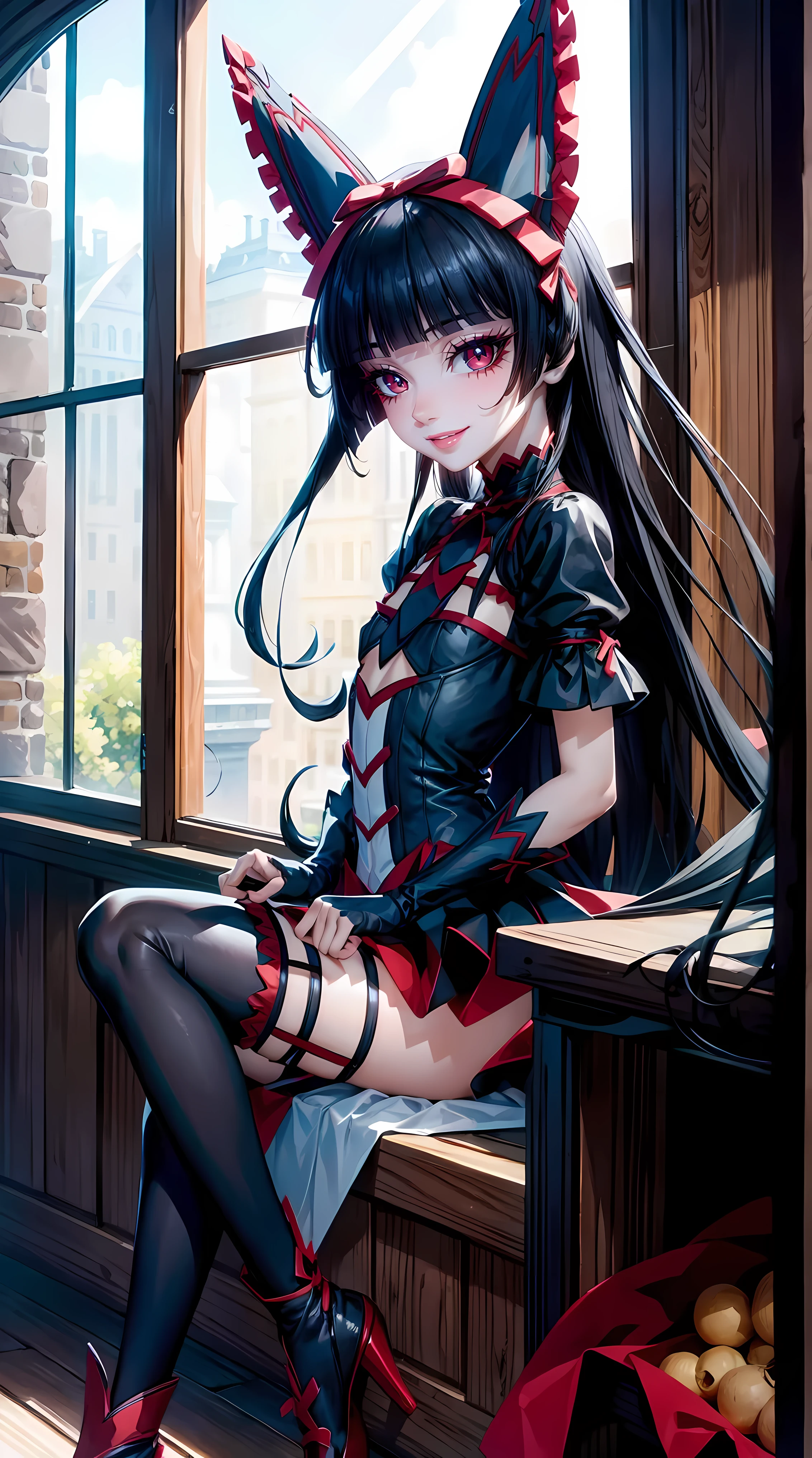 Anime girl sitting on a window sill with a cat ears and tail - SeaArt AI