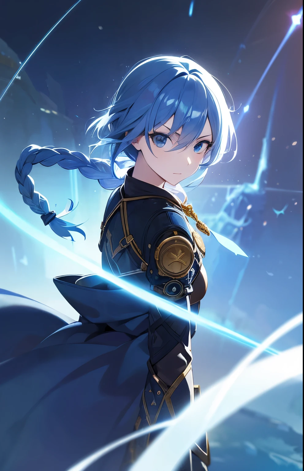 1girl, blue eyes, sky-blue hair, braided hair, short hair, ((fantasy)), sci-fi, steampunk, traveler, wind blade, lost, cloak, magic, inventor, astronomy, sword art, badass, power
