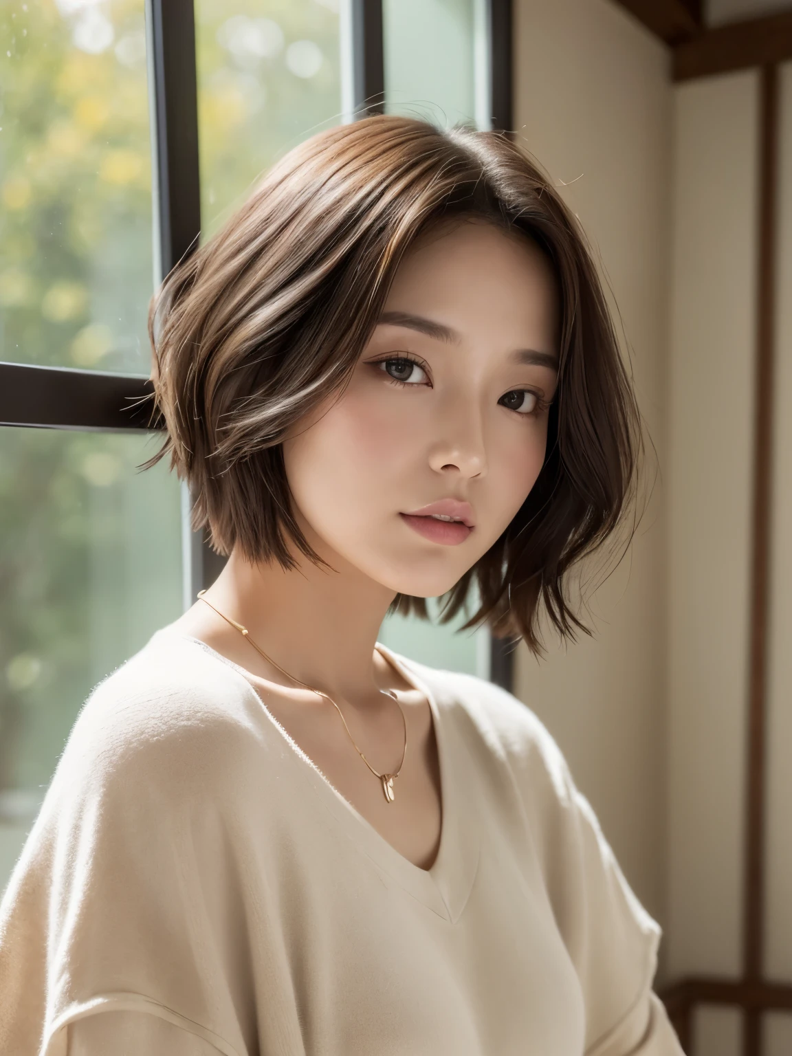 (layered haircut:1.2))、short wavy hair、8k、（Live shooting）、（highest quality）、（Photo realistic：1.4）Reality to the touch Reality、(4Khigh resolution:1.2)、(high resolution, muste piece, highest qualityの, high detail, official: 1.4), (Reality: 1.2, Hyper-realistic: 1.1, Photo realisticです: 1.37), Depth of bounds written, (detailed description of hair), (Detailed description of the face), unparalleled beauty,, (3,: 1.4)、I&#39;m a little depressed、white wall、(Taken in front of the white door)、((A room with a white wall and a window))、indoor、Natural light、short hair、bob hairhair、realistic、high resolution、High quality、profile、various poses、profile、bob hair、random pose、(autumn clothes)、winter clothes、 wearing necklace