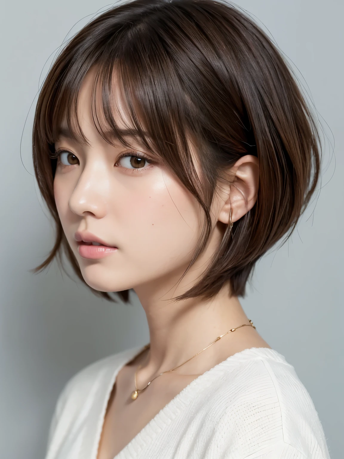 (layered haircut:1.2))、short wavy hair、8K、（Raw photo）、（最high quality）、（Photo realistic：1.4）realistic to the touch realistic、(4KHigh level image quality:1.2)、(High resolution, table top, Highest quality, high detail, formal: 1.4), (realistic: 1.2, Hyper Realistic: 1.1, Photo realisticです: 1.37), Depth of bounds written, (Detailed explanation of hair), (Detailed description of the face), unparalleled beauty,, (35 years old,: 1.4)、I&#39;m a little depressed、white wall、Taken in front of the white door、((A room with a white wall and a window))、natural soft light、short hair、beaver hair、realistic、High level image quality、high quality、profile、Versatile poses、profile、random pose、Autumn outfit、Winter clothes、 necklace