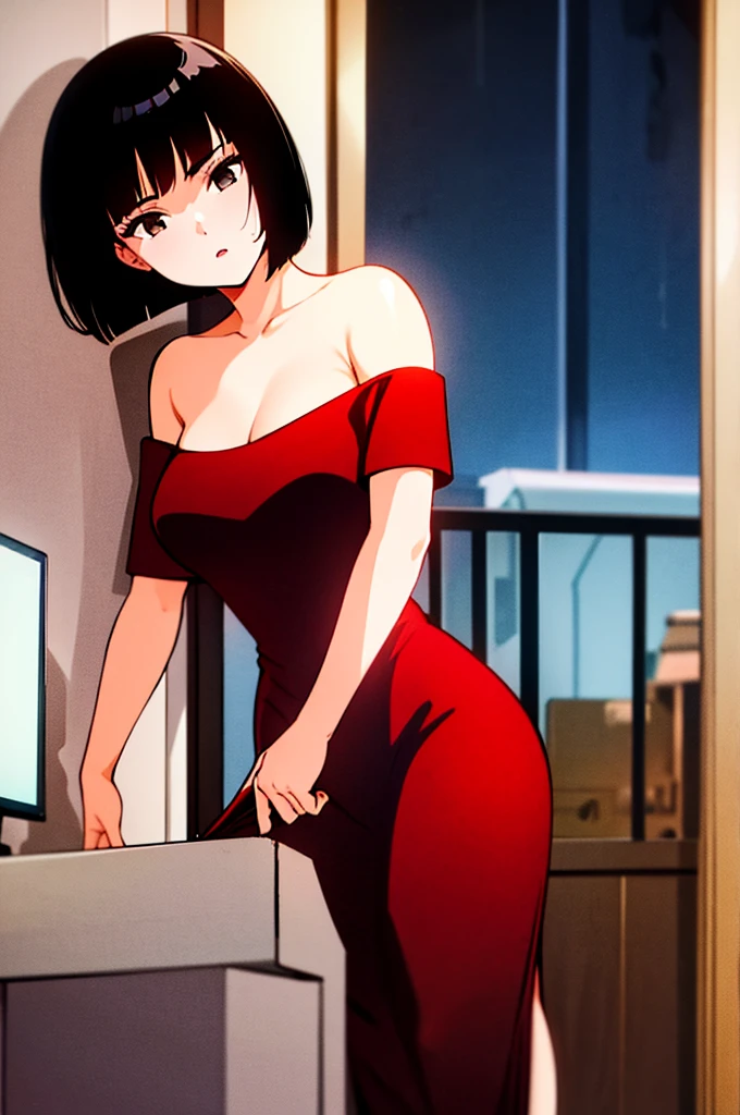 1 girl, Teenage, Black hair, Short black hair, Medium Hair, Bob Hair, Black eyes, bare shoulders, a red off the shoulder dress, short red dress, large chest, seductive, standing up straight, looking at you, close up, Sexy, nighttime, masterpiece, High quality.