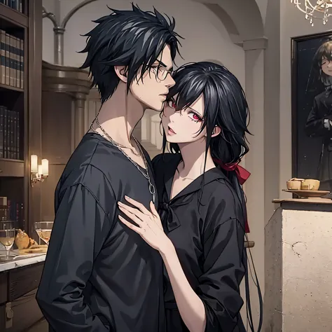 a man kissing a woman (eye red) on the mouth in black casual clothing in a luxurious modern house

