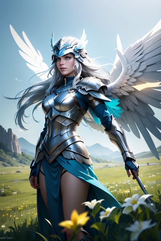 (a valkyrie in a meadow,silver hair,cyan eyes,very long hair,floating hair,wind,winged helmet,cowboy shot,surface scattering,looking at viewer,portrait,detailed,photorealistic,vivid colors,ethereal lighting)