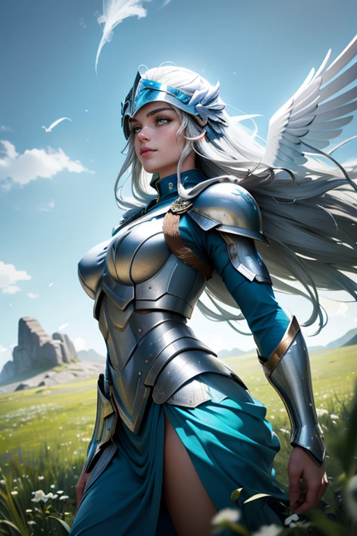 (a valkyrie in a meadow,silver hair,cyan eyes,very long hair,floating hair,wind,winged helmet,cowboy shot,surface scattering,looking at viewer,portrait,detailed,photorealistic,vivid colors,ethereal lighting)