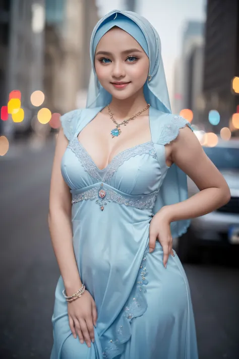 Beautiful, cute baby Face, 16 Years old russian lolita Girl, blue eyes, wearing hijab and sexy kebaya dress, Rounded small Breast,slightly Chubby , luxury necklace, White Skin, Smiling, Dark City Background, mid shot, upper body, Perfect Potrait, Bokeh Eff...