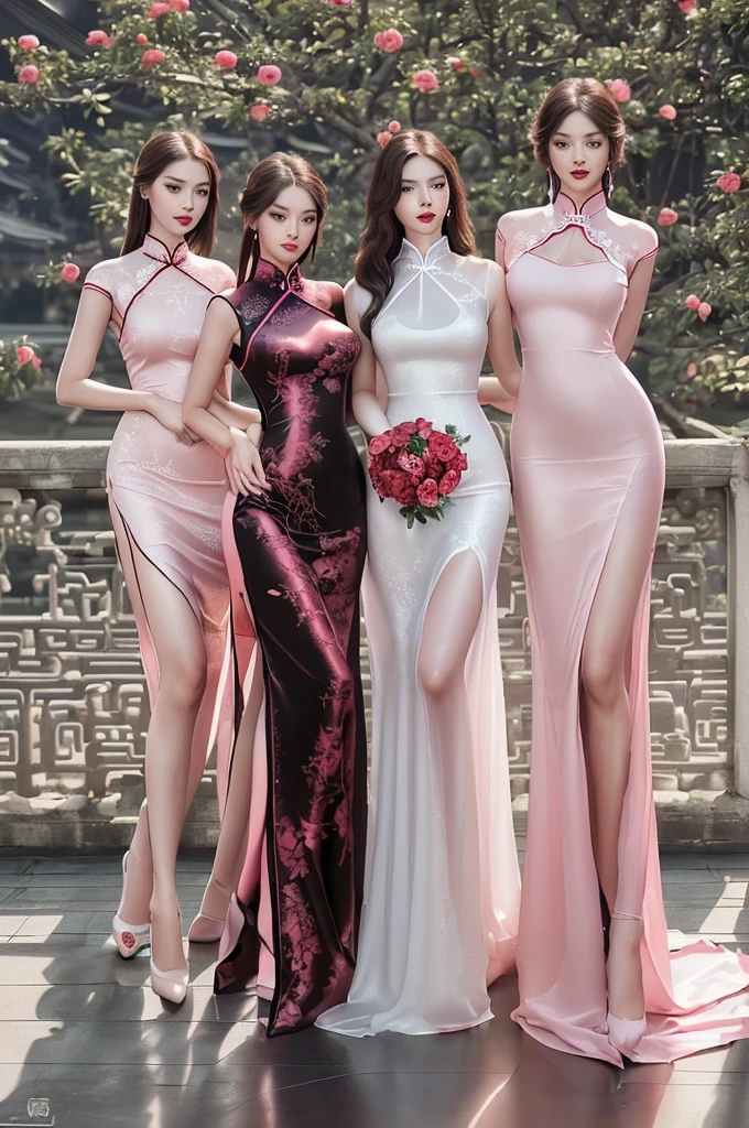 (High quality, 16k, HDR), Three girls, Three Lovers, Three Lesbians, Three Sexy Girl, bouquet red roses of flowers in hand,very bad image negative_v1.3,(huge breasts:1.1),red lips, glowing skin,big her curves,glamorous model,((A beautiful woman white dress near a body of water, chinese dress, gorgeous chinese model, wearing a pink cheongsam, chinese style, sexy dress, wearing an elegant dress, cheongsam, wearing pink dress, sexy black dress, chinese girl, wearing a white dress, beautiful silky dress, wearing a wonderful dress, traditional chinese,wedding dress)),(((Perfect female body, Willow waist))),hide five , best quality,glamorous model with (detailed eyes, detailed lips, extremely detailed eyes),Brunette Bob Hair,beautiful detailed eyes, hazel eyes, {{{{{sharp focus}}}}},Wearing a single red rose around the neck of a necklace,Wearing red and black lace dress,high-heels,blue eyes,(((Full body))))((anatomy correct)),Gorgeous and intricate lady style