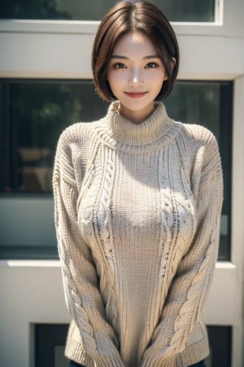 ((Best quality, 8k, Masterpiece :1.3)), 1girl, Pretty woman with slender, Huge breasts,Short Hair,Shy Smile,Cable-knit Sweater,U...