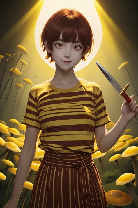 red eyes, girl, holding a knife, yellow-green striped shirt with thicker stripes, red eyes glowing red, head tilted, short brown...