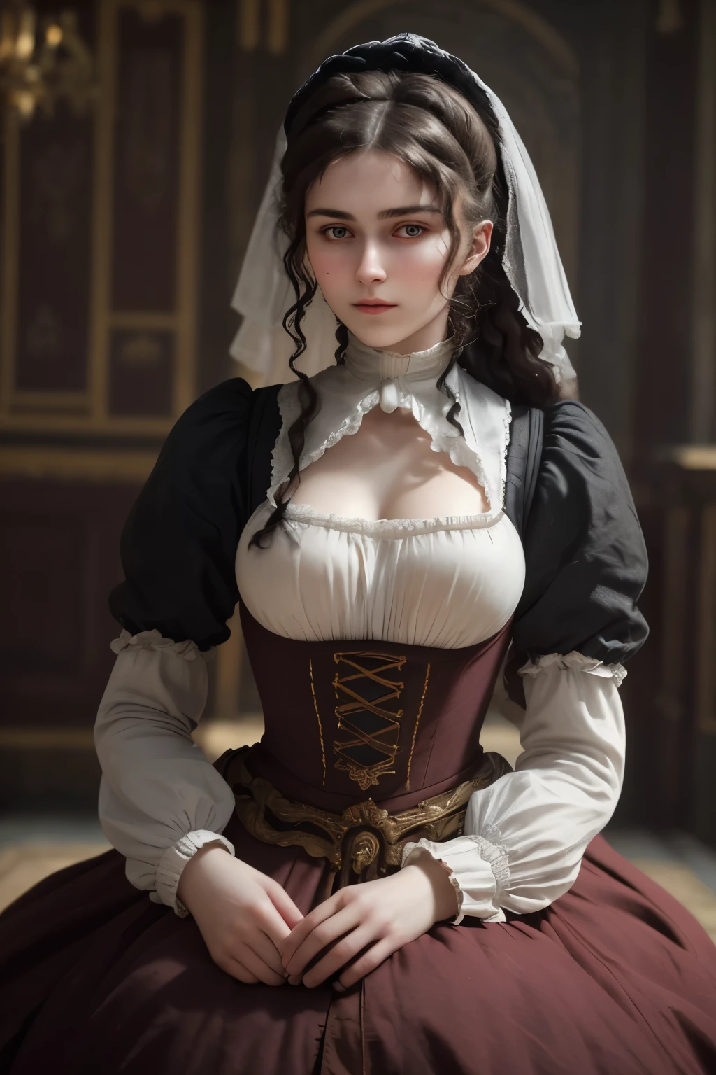 raw photo. Anna Karenina 22 years old, dressed in period clothing, Russia, 19th century AD, perspective, half body detail, sharp focus, slight blending, detail, feeling like it's medieval, (high skin detail: 1,2), 8k uhd, dslr, soft light, high quality, Fujifilm XT3 grainy films.