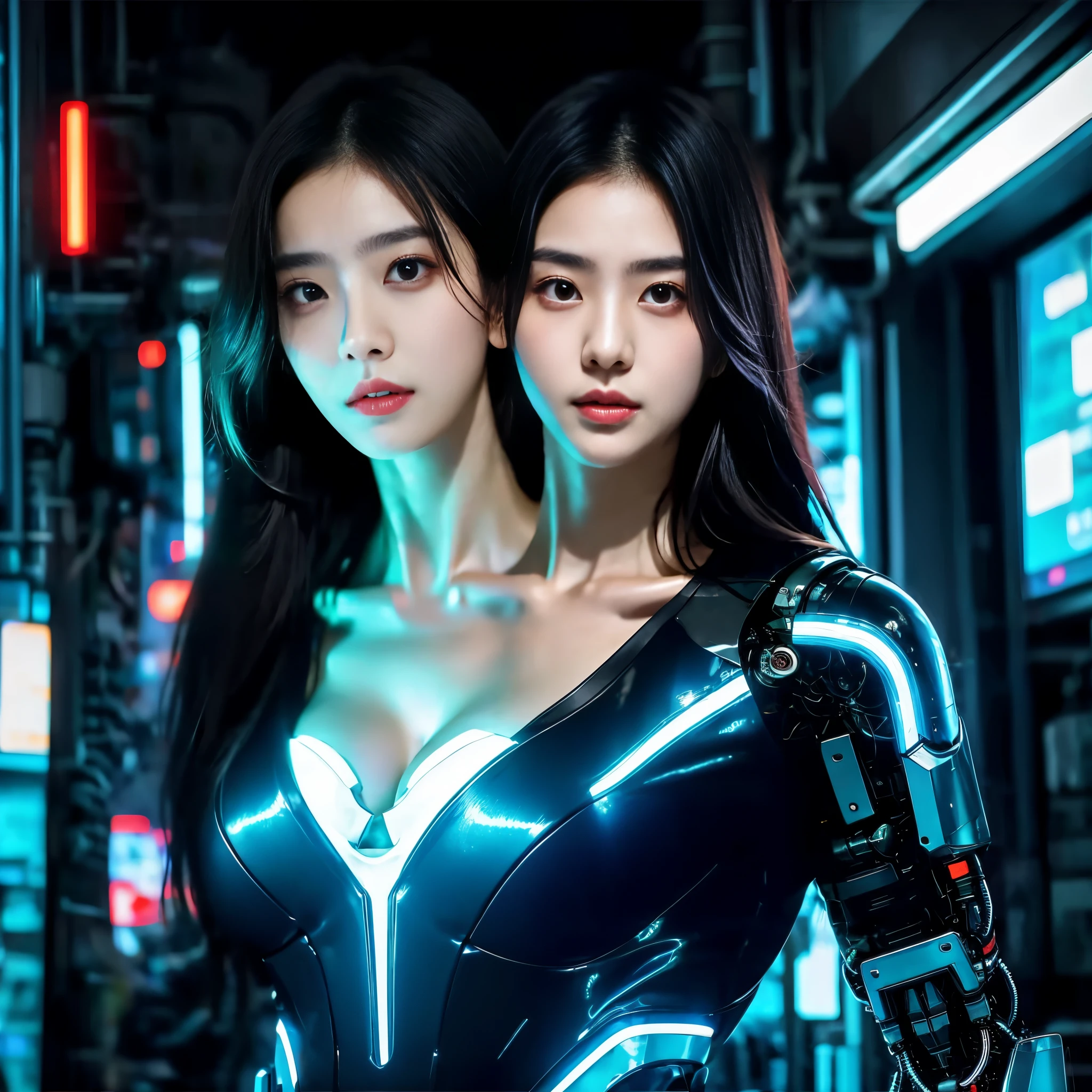 최고의 해상도, 반신샷 2 머리, 머리가 두 개 달린 여자,한국인,  로봇 본체, 미래 지향적인 기계, 사이버펑크 배경