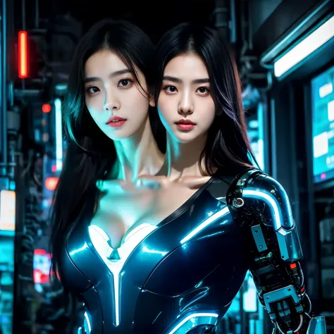 best resolution, half-body shot 2 heads, woman with two heads,korean,  robot body, futuristic mechanical, cyberpunk background