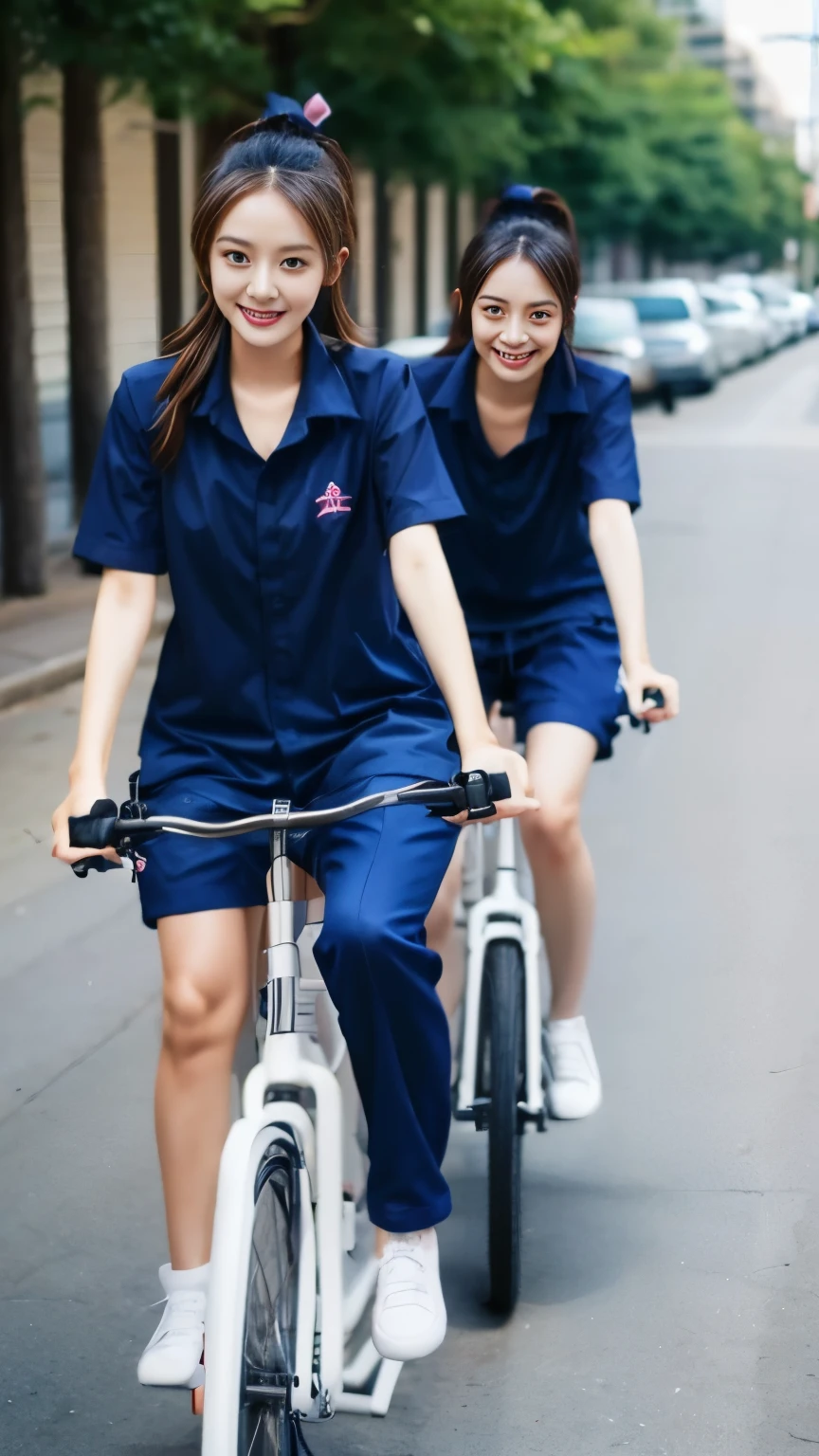 Two women in uniforms riding bikes down a street next to a building -  SeaArt AI