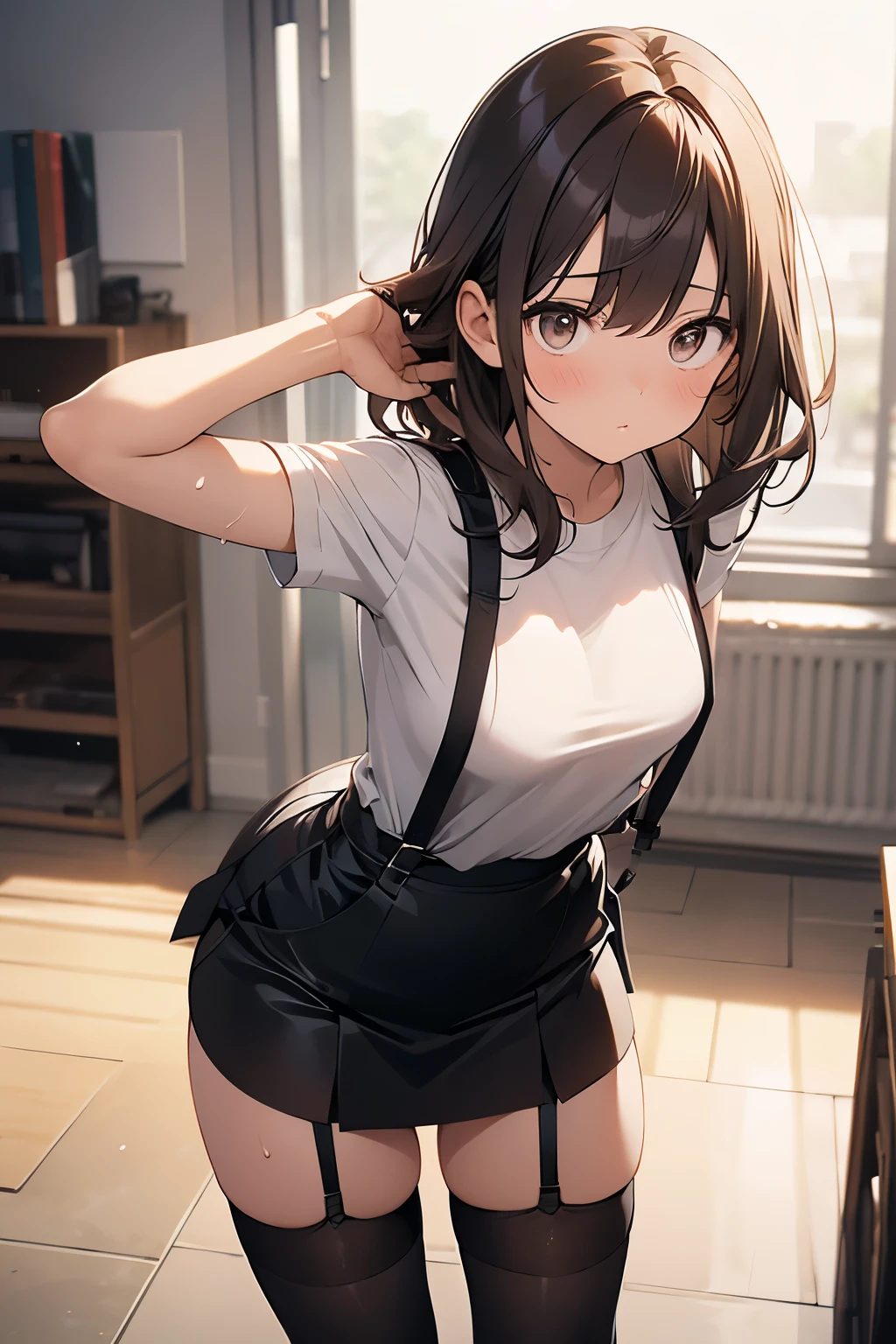 brown hair、looking at the viewer　　suspenders　　　Bulging big breasts　　 　 　　　　Black miniskirt　garter belt　knee high socks　　　　　　Gaze　　　small face　bangs 　　　　　Beauty　　hands up　　 　Gaze 　black boots 　provocation　　armpit sweat　one person 　　put your hands behind your back　cutter shirt　　Panty shot
