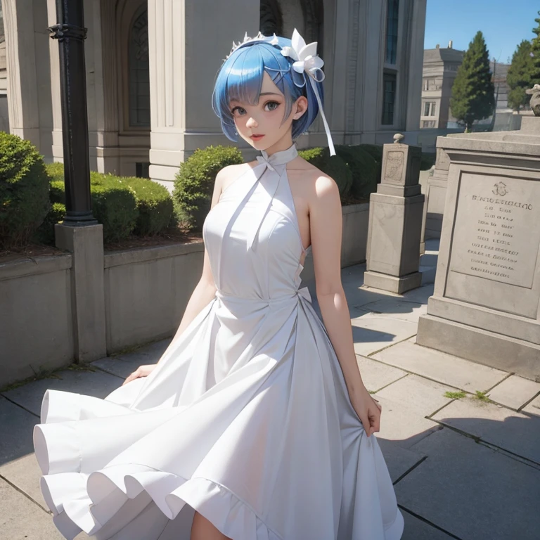 Rem (anime Re:Zero), wearing a long white dress next to a tomb where Emília is clearly written, olhar de felicidade, felicidade, dia de Sol, pouco vento, roupas sopradas pelo vento