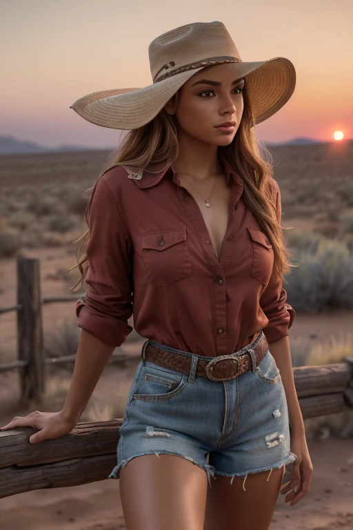 Tiro certeiro, retrato de corpo inteiro, linda mulher, 22 anos, encostado em uma cerca dividida em um terreno rochoso, deserto árido, vestindo shorts e camisa ocidental desabotoada, sem chapéu, Cabelo longo e esvoaçante, lindas pernas bronzeadas, iluminação 8k, céu noturno, red sunset 4k extremely fotorrealista, uhd 4k highly detalhado, ((realistailuminação real, resolução ultra-alta.fotorrealista:.1.4, (high detalhado skin:1.2), 8k hd, dslr, alta qualidade, Grão de filme, Fujifilm XT3,(Obra de arte) (melhor qualidade) (detalhado) (iluminação cinematográfica) (foco nitído) (intricado)