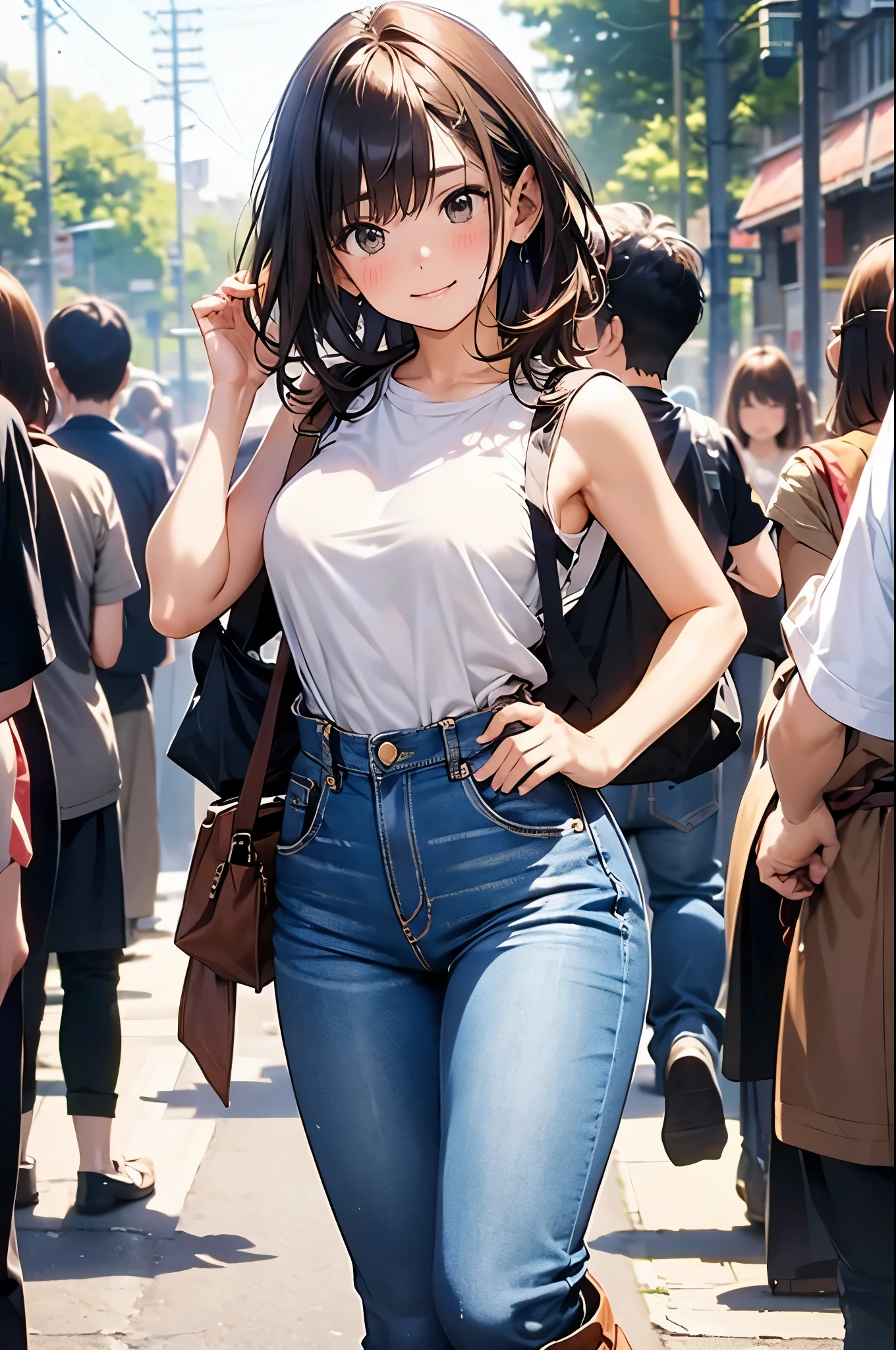 Anime girl in jeans and boots walking down a crowded street - SeaArt AI