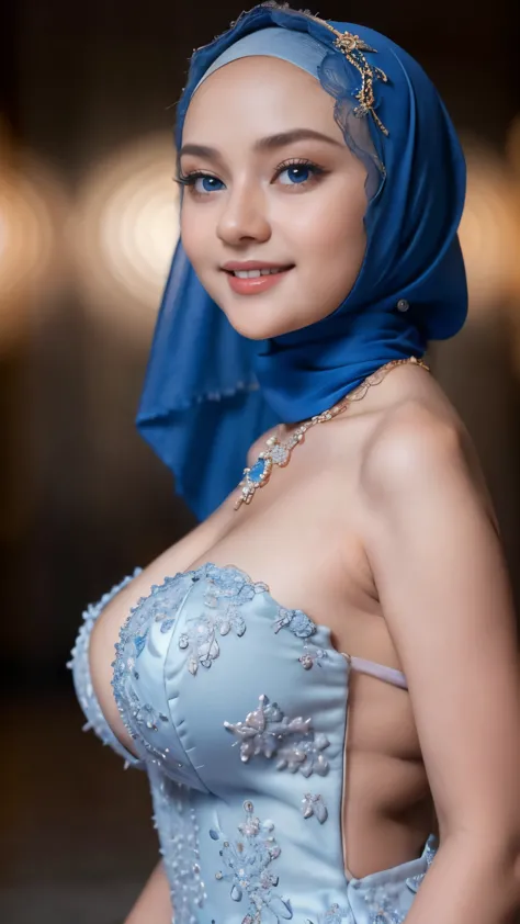 Beautiful, cute baby Face, 17 Years old russian lolita Girl, blue eyes, (wearing hijab) and sexy kebaya dress, Rounded small Breast, cleavage cutout, slightly Chubby , luxury necklace, White Skin, Smiling, Dark City Background, mid shot, upper body, Perfec...